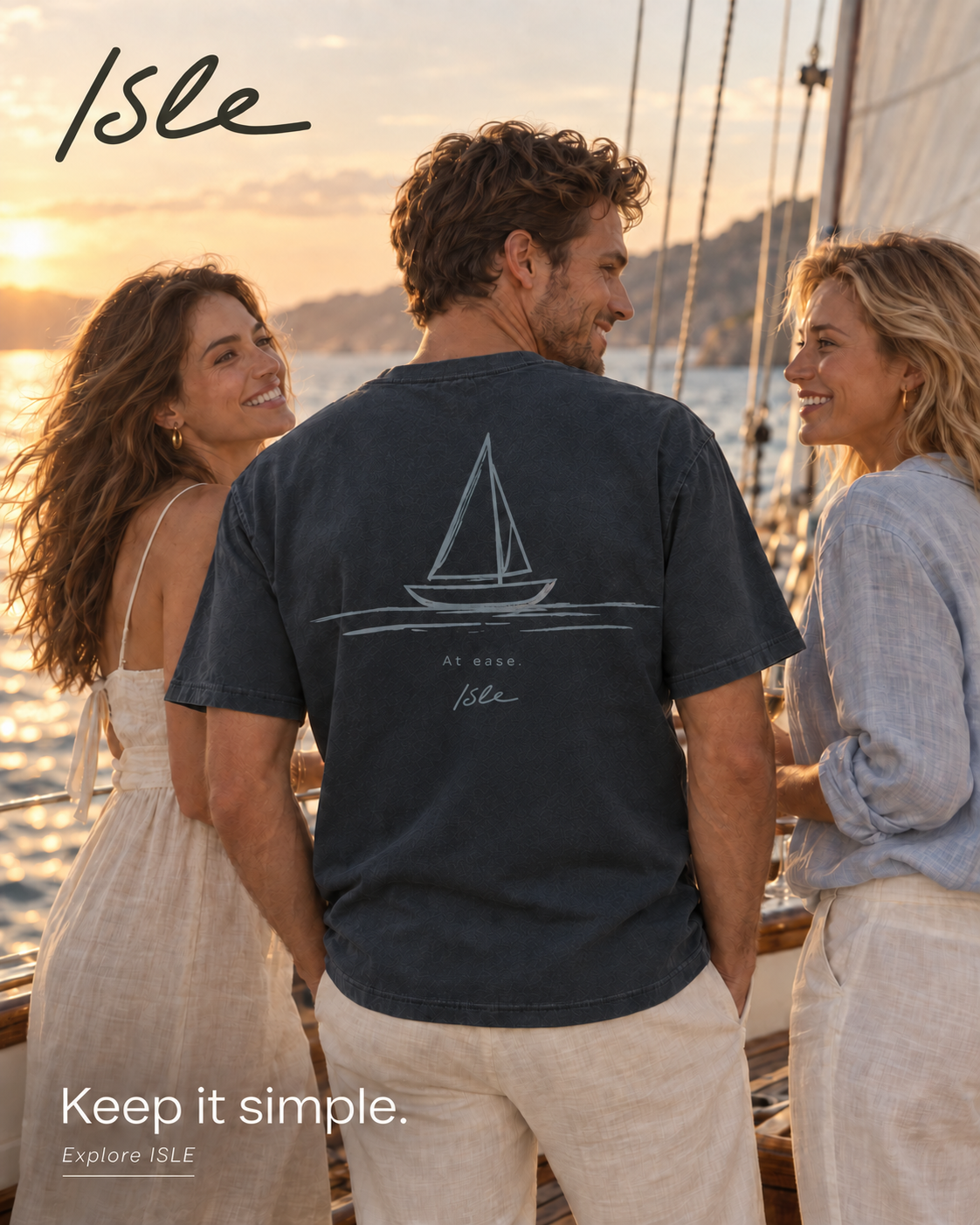 ISLE campaign concept: friends on a sailboat at sunset